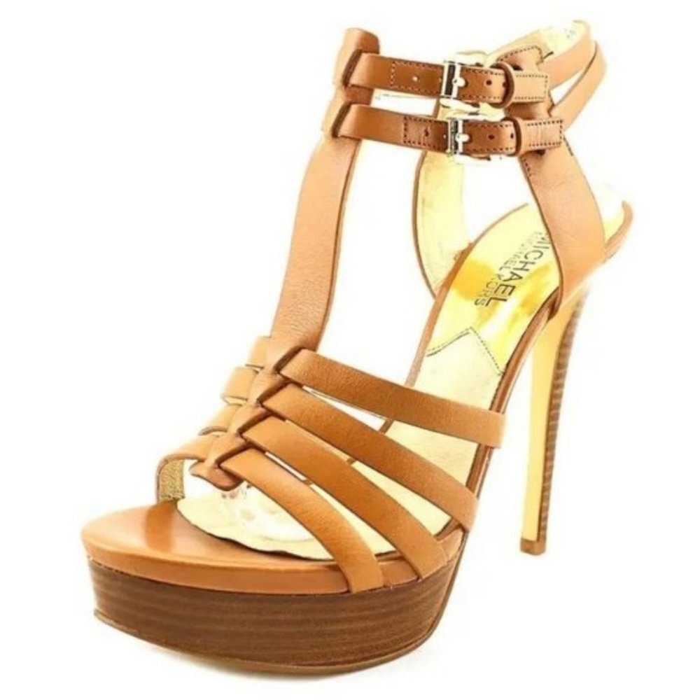Michael Kors Tan Leather Platform Heels Strappy Sandals Size 10 - Picture 13 of 16